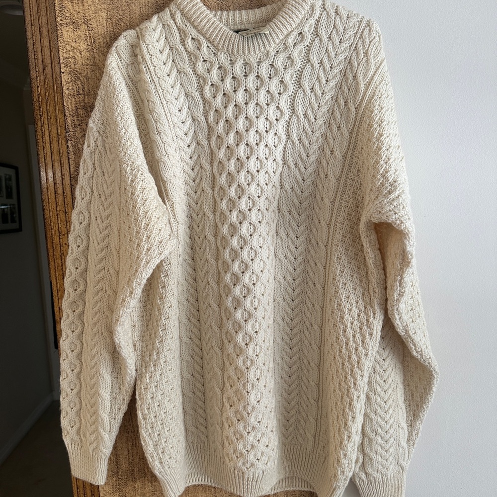 New Orvis Irish Fisherman Wool Chunky Cable Knit Crewneck Sweater Ivory Ecru XL
